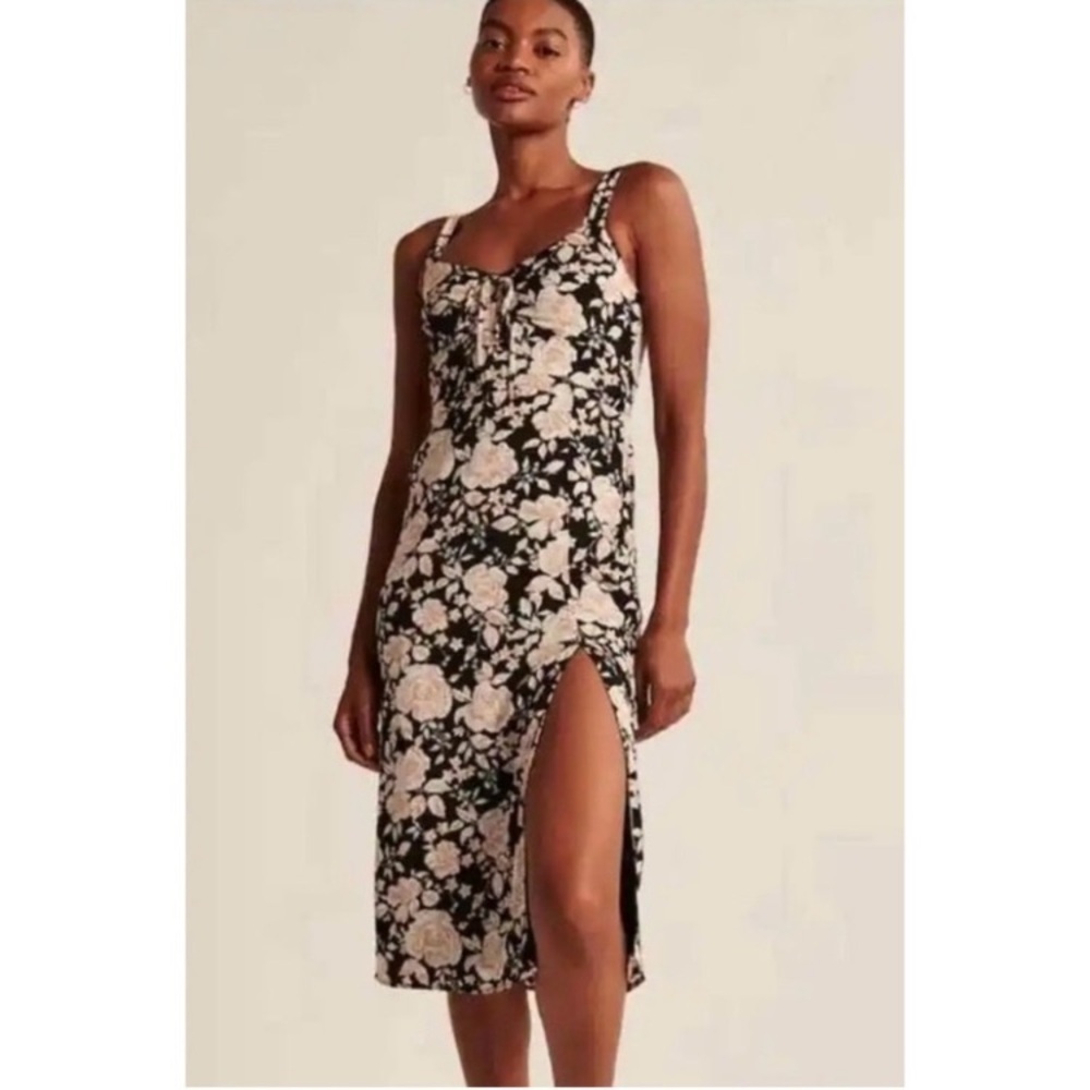 Abercrombie & Fitch Black and Cream Floral Midi Dress